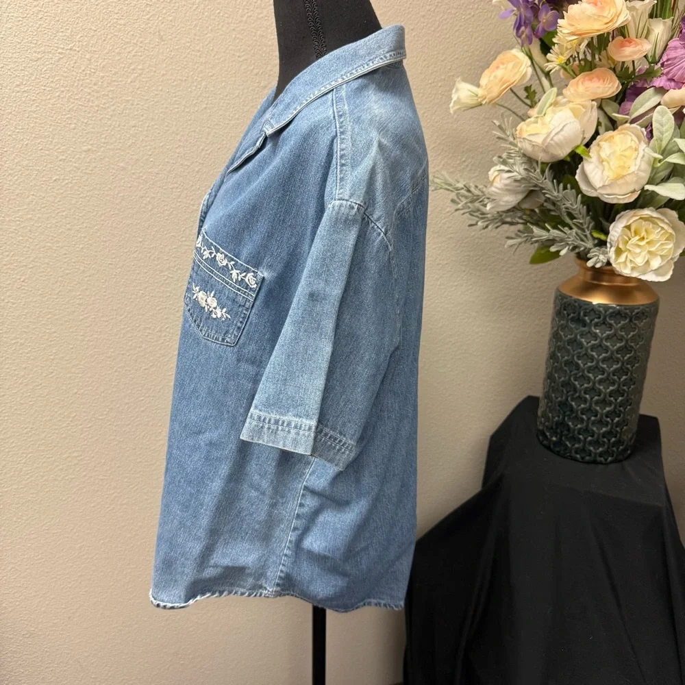 Vivaldi Jeanswear Floral Embroidered Denim Button Down Shirt Large Vintage - Picture 3 of 8